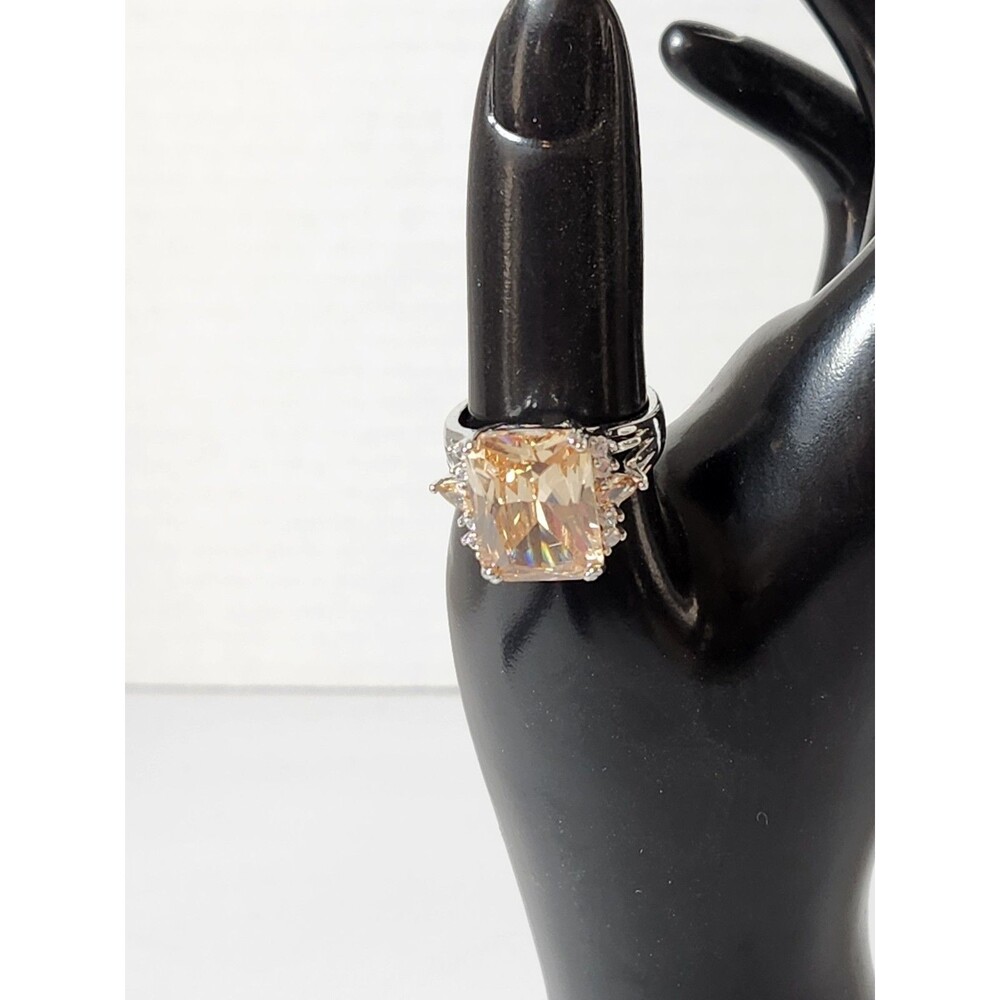 925 Sterling Silver Emerald Cut Champagne Cubic Zirconia Size 9 Ring